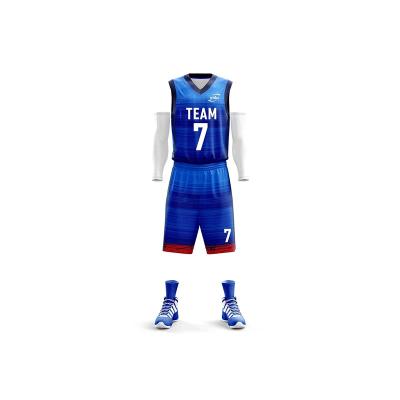 China Breathable Boys College Basketball Team Wear Printed Custom Design Sublimation Blue Basketball Uniform for sale