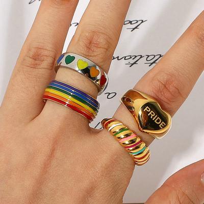 China Hot Selling Ins Girl 18k Gold Titanium Stainless Steel Fashionable Rainbow Heart Rings For Women Jewelry Wholesale for sale