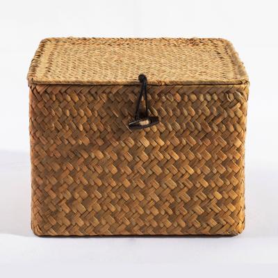 Chine HBK Viable Handmade Straw Water Hyacinth Rectangular Vegetable Plankton Hanging Organizer Woven Nested Basket with Lids and Straps à vendre