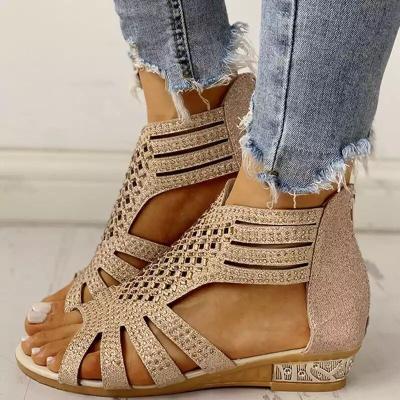China New Design Summer Anti-Smell Ankle Wrap Rhinestone Wedge Heels Large Size Women's Sandals Leisure Walking Shoes Low Women Beach Sandals for sale