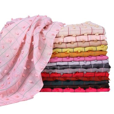 China Polyester Muslim Women 22 Colors Cheap Crimping 178*80cm Hijab Polyester Solid Color Grid Hairball Hijab for sale
