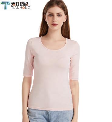 China Custom Anti-wrinkle Solid Knit Women's Medium Sleeve Bamboo Cotton T-Shirt for sale