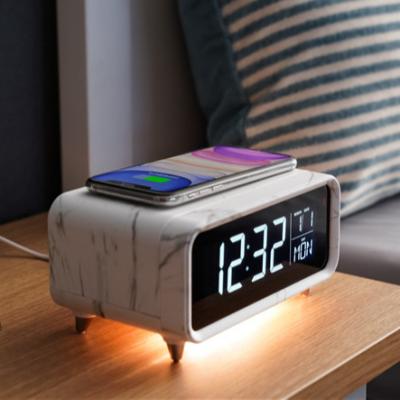 China Eco-friendly Multifunctional Digital Night Lamp LED Electric Alarm Clock 3 In 1 Phone Wireless Charger for sale