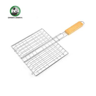 China Square Stainless Steel Wood Handle Grill Basket Fish Flesh Non-Stick Easily Cleaned Vegetable For Family Party Grill Net BBQ Grill Mesh for sale