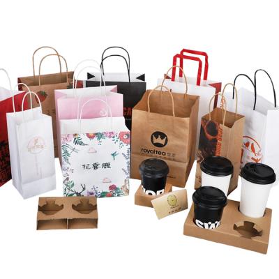 China Customized Recyclable Printed Logo Coffee Take Out Drinks Packaging Brown Kraft Paper Bag With Handle for sale