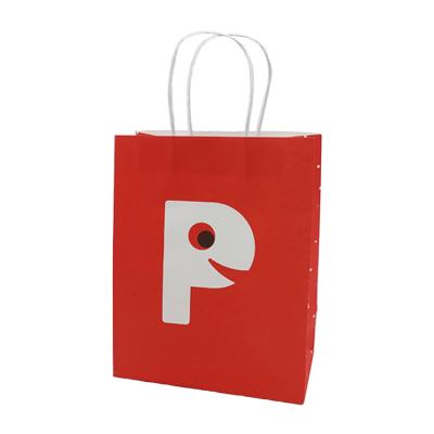 China Recyclable Custom Printed Clean Logo White Handle White Kraft Paper Bags Wholesale Gift Food Grocery for sale