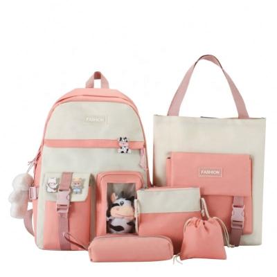 China Waterproof wholesale hot sell 5pcs set school students canvas backpack bag sets school bag and lunch bag set for kids for sale