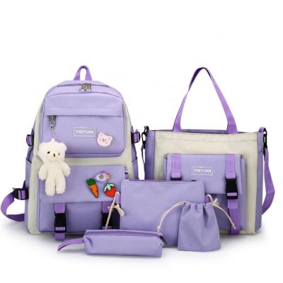China Waterproof OBM 2023 New Arrival 5 In 1 Fashion Pink Canvas College Student School Laptop Book Bag With Lunch Cooler Bag Pencil Cases Purse for sale