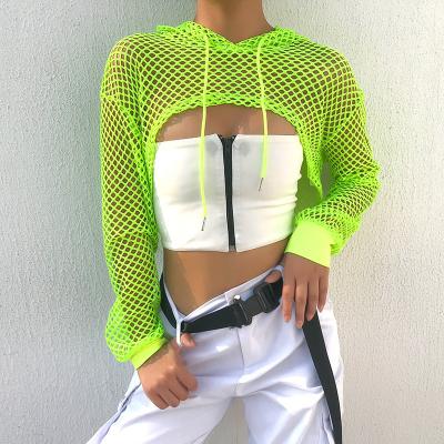 China Women's Wholesale Bulk Mesh New Product Blouses Ladies Anti Shrink Ideas 2021 Hooded See Through Black Sexy Long Sleeve Crop Mesh Top Women for sale