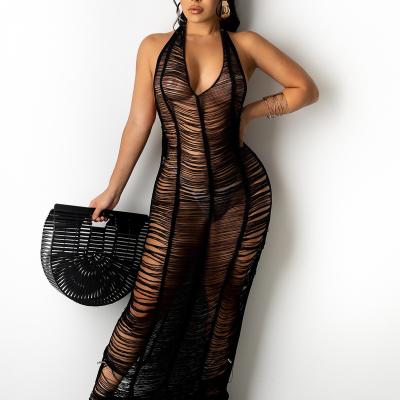 China 2021 Women's Summer Sexy Maxi Dress Solid Color Tassel Dress V-Neck Anti-Static Sling Sexy Slim Dress Long for sale