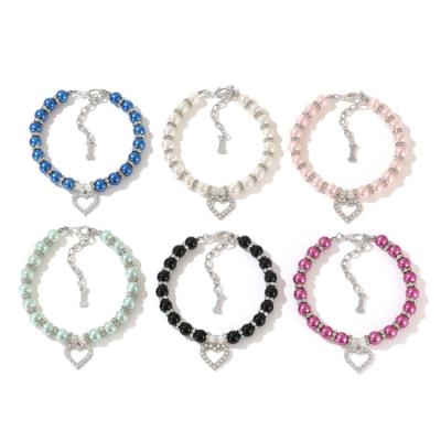 China Fashion Personalized Beads Diamond Beaded Dog Collar Cat Necklace Jewelry Heart Pendant Pet Accessories for sale
