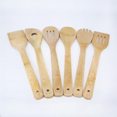 China 6pcs 30cm Wooden Cooking Natrual Colorful Raw Organic Bamboo Cookware Set With Net Bag Packing Spoon Turner Spatula for sale