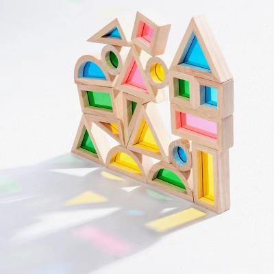 China 100% Eco-Friendly Wooden Rainbow Montessori Sensory Mirrors Toys Block Acrylic Wooden Stacking Building Rubber Stacking For Kids Learning Play for sale