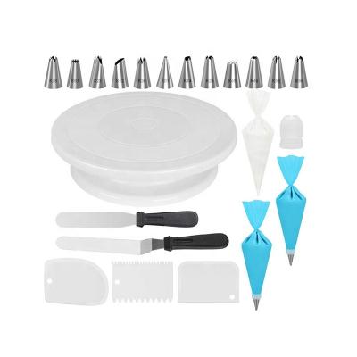 China Viable Cake Decorating Kits Supplies With Cake Turntable Cake Tips Icing Spatula Silicone Piping Bag And Coupler Baking Tools for sale