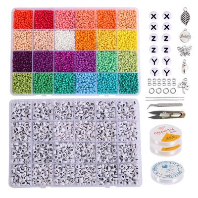 China DIY Set Wholesale 24 Cell Glass Rice Bead DIY Jewelry Craft Making Set 3mm Necklace Bracelet Letter Bead Set Box for sale
