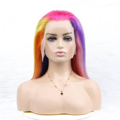 China New Fashion Rainbow Color Wave Ombre HD Colored Lace Front Wig Seven Colored Straight Transparent Full Lace Frontal Wig Seven for sale
