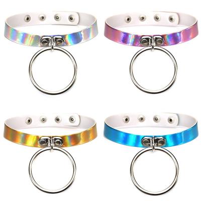 China TRENDY Fashion Leather Jewelry Charm Necklaces PU O Ring Choker Necklace Rainbow Laser Choker Necklaces for sale