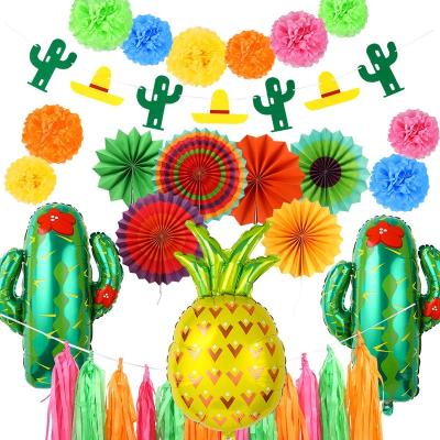 China Aluminum & 35Pieces Fiesta Party Paper Decoration with Cactus and Pineapple Foil Balloons Tissue Paper Pom Poms For Laua Party Decoration for sale