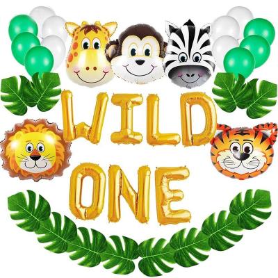 China ONE Party Decorations Cartoon Paper Wild Animal Balloons Tropical Palm Leaves For Baby Shower Happy Birthday Party Supplies SET for sale