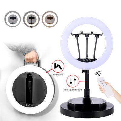 China Face Detection Hot Sale Dimmable Selfie Stand Up Video Selfie Stick Led Ring Lamp Portable Desktop Ring Light for sale
