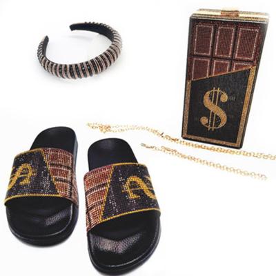 China Fashion Trend Wholesale Diamond Glitter Shoes Shiny Slippers and Purse Sets US Dollar Money Purse Bag Rhinestone Purse Match Headbands for sale