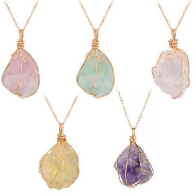China New Fashion BOHEMIA Stone Women Irregular Natural Quartz Stone Crystal Wire Wrap Rock Rose Pendant Necklace Jewelry for sale