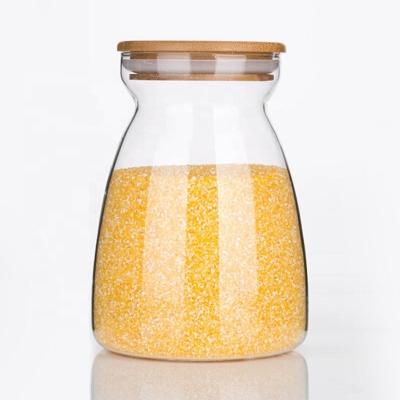 China Sustainable Hot Sale Handmade Handmade Spice Cereal Glass Jar With Airtight Bamboo Lid Kitchen Storage Container for sale