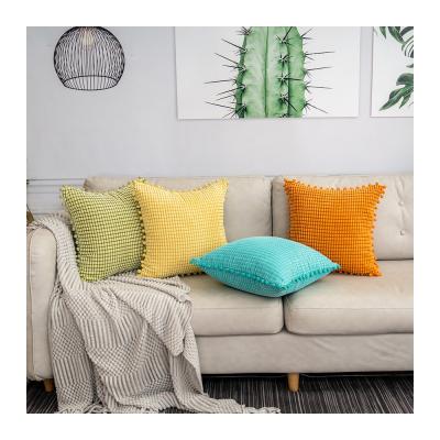 China Factory Wholesale Soft Corduroy Squares Anti Dust Mites Decorative Cushion Cover Pom Pom Pillowcase for sale