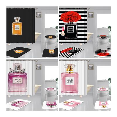China Sustainable Custom Digital Printing Famous Brand Polyester Bathroom 4pcs Mat Set Shower Curtain Set for sale