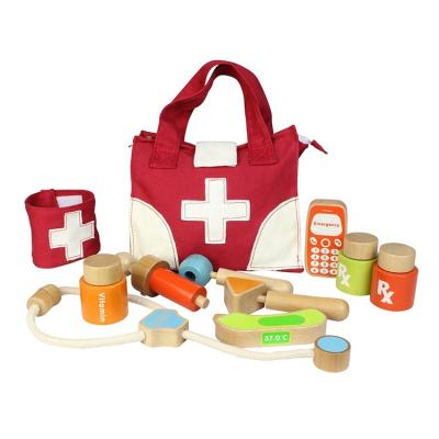 China Educational Plywood Children Role Play Toy Wooden Doctor Kit Medical Tool Toy Set For Children for sale
