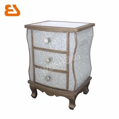 China PANEL 3 Drawer Diamond Crush Glass Glitter Cabinet with Brass Gold Wood Trim for sale