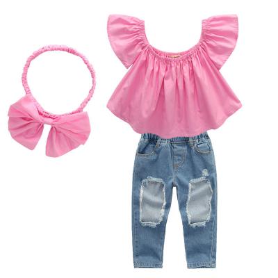China 2021 Salling casual hot children's three pieces set girls' pink top and perforated jeans suit bulk baby clothes wholesale for sale