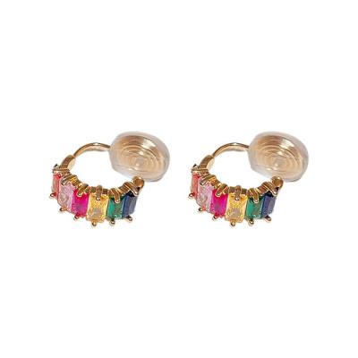 China TRENDY INS new fashional simple earless piercing huggie earrings colorful rectangle zircon C-shaped ear ring clip-on earrings for sale
