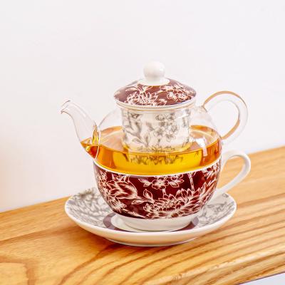 China High Borosilicate Glass Teapot Cup And Saucer Set Flower Design Style Sustainable for gift for sale