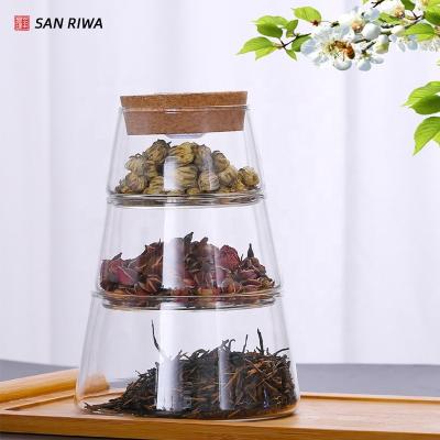 China Small Tier Stackable Round Glass Organizer Microwavable Apothecary Jar Set 3 Tier Storage Container Canister With Lid Cookie Jar for sale