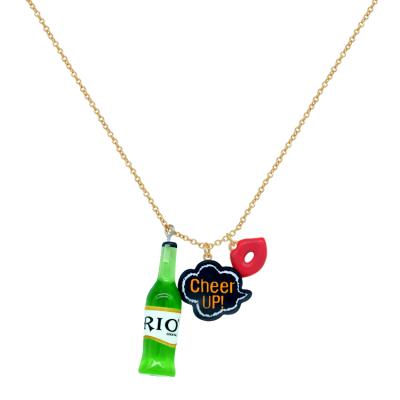 China Fashionable Wholesale Korean Creative Jewelry Green Beer Plastic Wine Bottle Cheer Up Red Lip Charm Necklace For Kid for sale