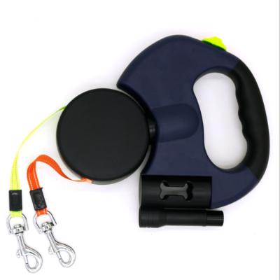China Custom Logo Printed Premium Dog Tracking Quick Release Double Retractable Leashes With Led Light And Poop Bag Dispenser For Running Walking for sale