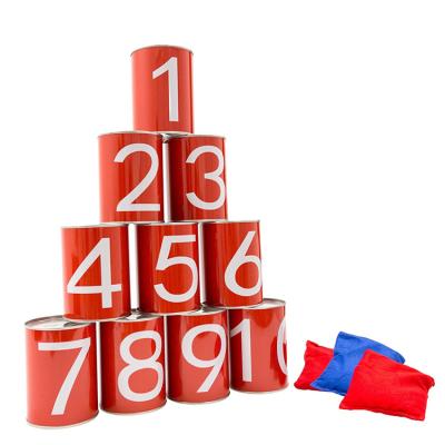 China Kids Amusement Toys Carnival Bean Bag Sturdy Knockdown Can Game Christmas Birthday Party Games Tin Can Alley Game With Sandbags for sale