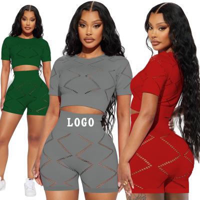 China QUICK DRY 2023 Summer Women S Sets 2 Piece Shorts Set Casual Ladies Solid Skinny Two Piece Set Hollow Out Women Clothing for sale