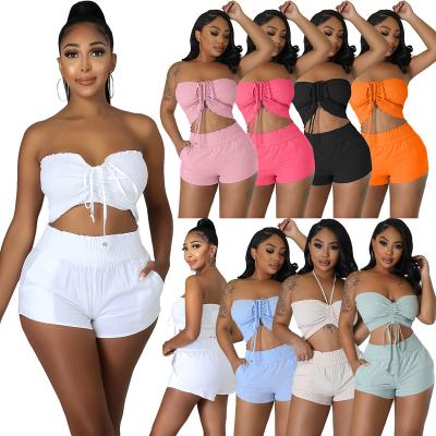 China Anti-pilling 2023 Boutique Women Clothing Tube Top Women Shorts Set Ladies Plus Size S-3XL Shorts and Top 2 Piece set 2023 Summer Outfits for sale