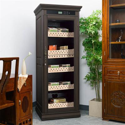 China Touchscreen Lockable Glass Door Brown Wood Cabinet Cigar Cooler Humidor for sale