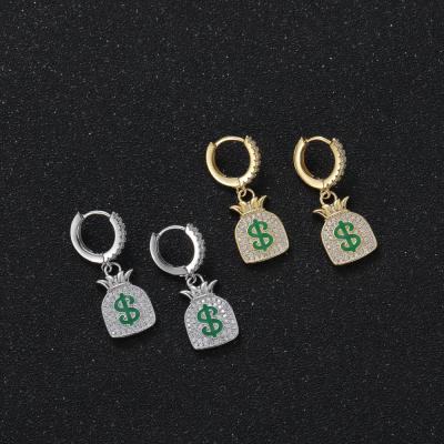China Other Dollar Bag Design S925 Hip Hop Earrings Iced Out Real Gold Plated Bling Jewelry Sterling Silver Earrings for sale