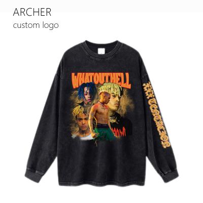 China Breathable High Quality Washed Distressed Loose Round Sweatshirt Designer Print Long Neck Drop Shoulder Sleeve T-shirt for sale