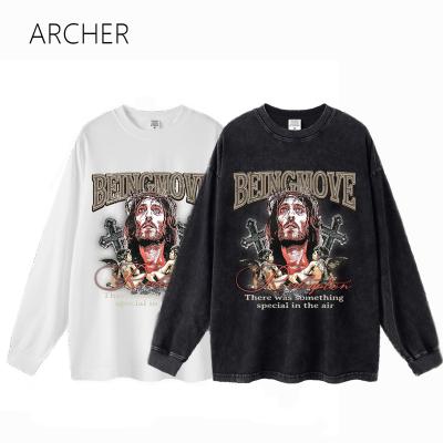 China 2022 Retro DTG Breathable Washed T-shirts Printing Loose Round Neck Sweatshirt Graphic Stitch Drop Along Shoulder Sleeves T-shirts Sweatshirt for sale