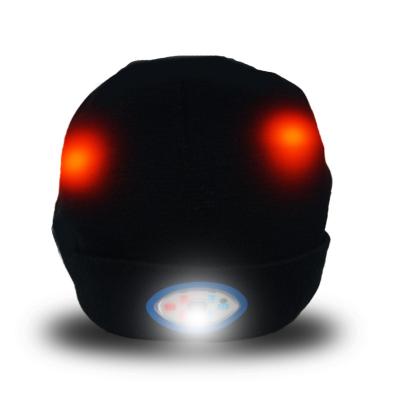 China breathable & Customized Logo Embroidered Waterproof 4 Led Running Hat Beanie Headlamps Outdoor Winter Led Light Button Button Battery for sale