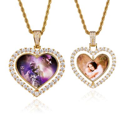China 2022 TRENDY trendy custom diy photo memory jewelry iced out love hollow heart picture frame spinning pendant necklace for sale