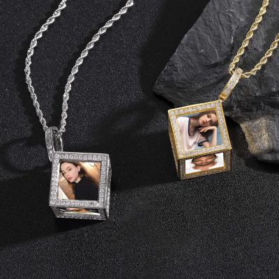 China Memory Cube Six Side DIY Hiphop Pendant New Design 14k Gold Plated Custom Hiphop Jewelry Family Couples Picture Necklace As Gift for sale