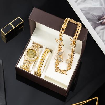 China 2022 Luxury Men Women Watch Gold Set Girl Watches Necklaces Bracelet Clavicle Chain Cuban Rhinestones Jewelry Sets Ladies Gift for sale