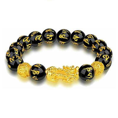 China CLASSIC Bring Good Luck Wealth Black Obsidian Stone Bead Mens 24K Gold Pixiu Feng Shui Bracelet for sale