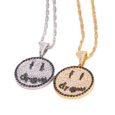 China Hiphop 14K Gold Trend Micro-inlaid Drew Smiley Face Pendant Necklace High Quality Zircon Street Personality Necklace Jewelry for sale